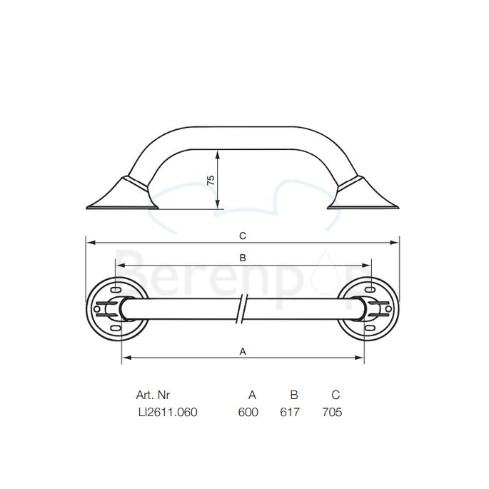 Handicare (Linido) LI2611060200 wandbeugel Ergogrip 600mm RVS gepolijst (witte afdekkappen)