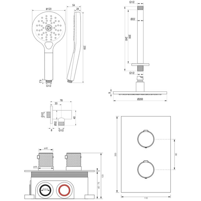 Brauer Carving 5-GK-131 thermostatische inbouw regendouche 3-weg omstelling SET 35 koper geborsteld PVD