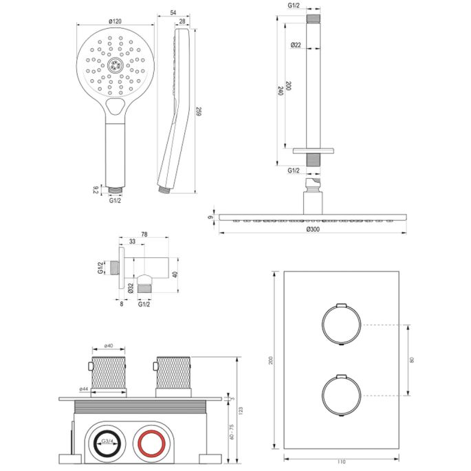 Brauer Carving 5-GK-132 thermostatische inbouw regendouche 3-weg omstelling SET 36 koper geborsteld PVD