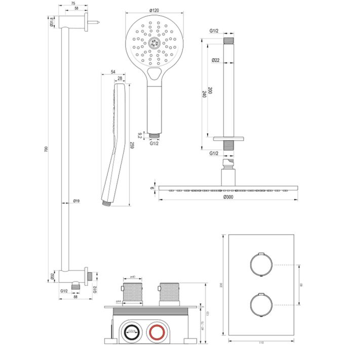 Brauer Carving 5-GK-144 thermostatische inbouw regendouche 3-weg omstelling SET 48 koper geborsteld PVD