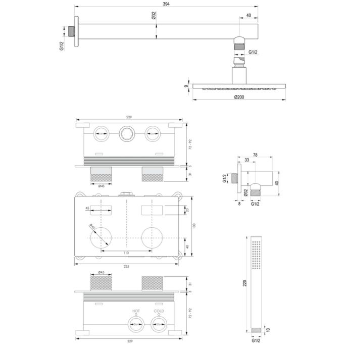 Brauer Carving 5-GK-184 thermostatische inbouw regendouche met drukknoppen SET 49 koper geborsteld PVD