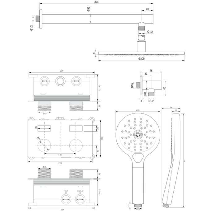 Brauer Carving 5-GK-191 thermostatische inbouw regendouche met drukknoppen SET 56 koper geborsteld PVD