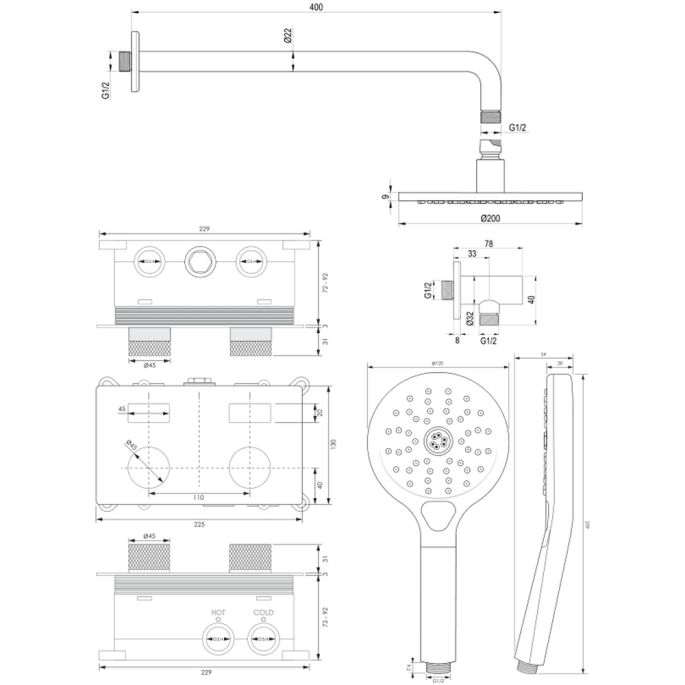 Brauer Carving 5-GK-192 thermostatische inbouw regendouche met drukknoppen SET 57 koper geborsteld PVD