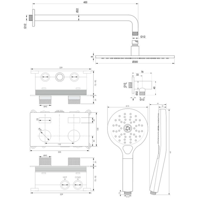 Brauer Carving 5-GK-193 thermostatische inbouw regendouche met drukknoppen SET 58 koper geborsteld PVD