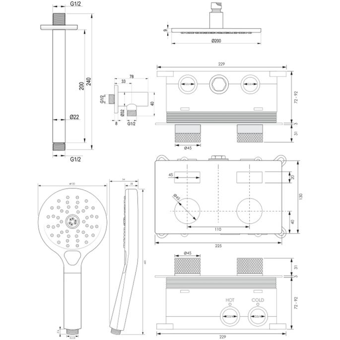 Brauer Carving 5-GK-194 thermostatische inbouw regendouche met drukknoppen SET 59 koper geborsteld PVD