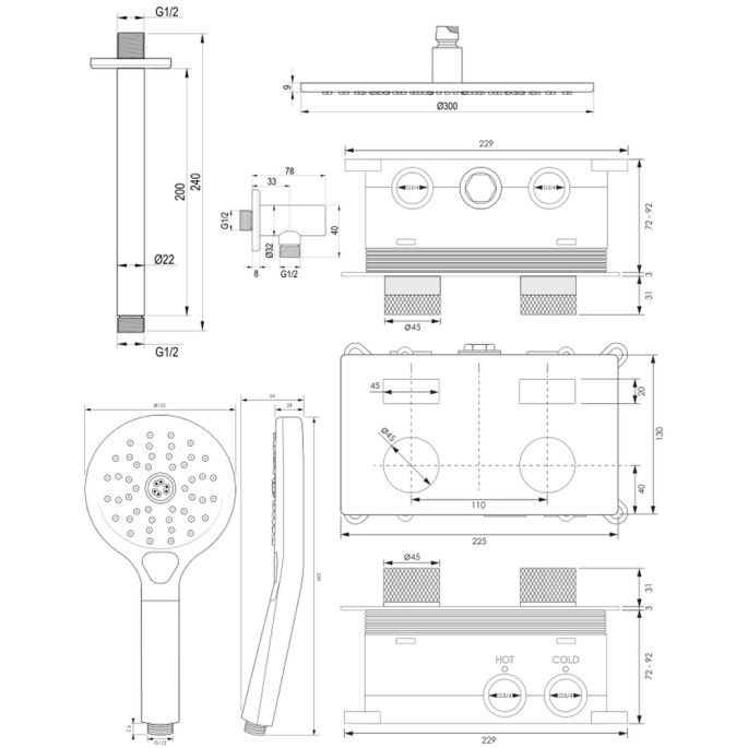 Brauer Carving 5-GK-195 thermostatische inbouw regendouche met drukknoppen SET 60 koper geborsteld PVD