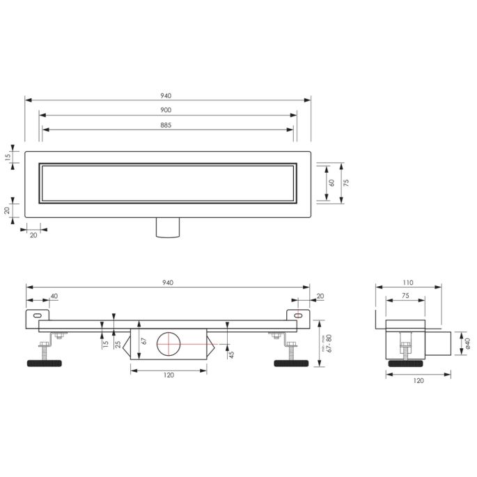 Brauer DR-MRFW90NG douchegoot met multifunctioneel rooster en flens voor wandmontage 7 x 90cm RVS geborsteld