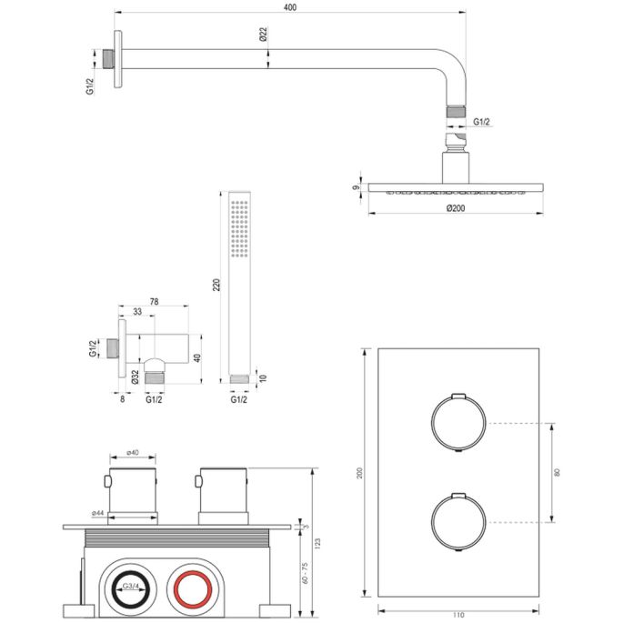 Brauer Edition 5-GG-050 thermostatische inbouw regendouche 3-weg omstelling SET 27 goud geborsteld PVD