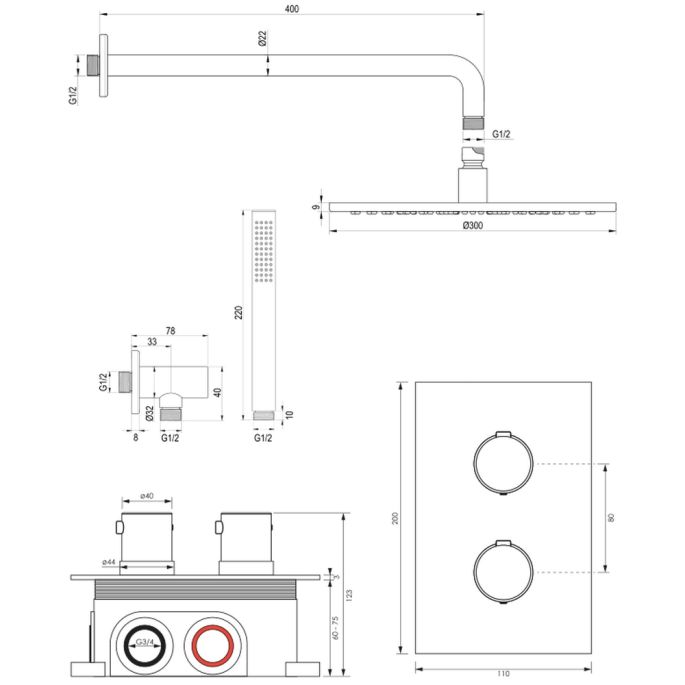 Brauer Edition 5-GG-051 thermostatische inbouw regendouche 3-weg omstelling SET 28 goud geborsteld PVD