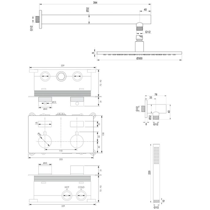 Brauer Edition 5-GG-162 thermostatische inbouw regendouche met drukknoppen SET 51 goud geborsteld PVD