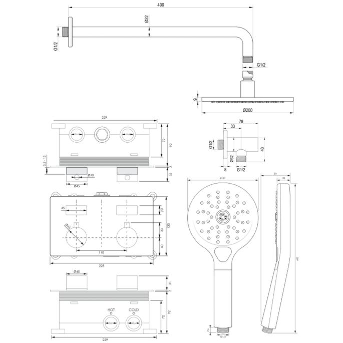 Brauer Edition 5-GG-168 thermostatische inbouw regendouche met drukknoppen SET 57 goud geborsteld PVD