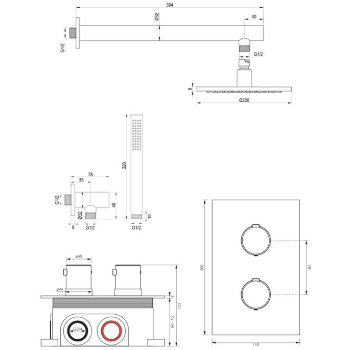 Brauer Edition 5-GK-052 thermostatische inbouw regendouche 3-weg omstelling SET 25 koper geborsteld PVD