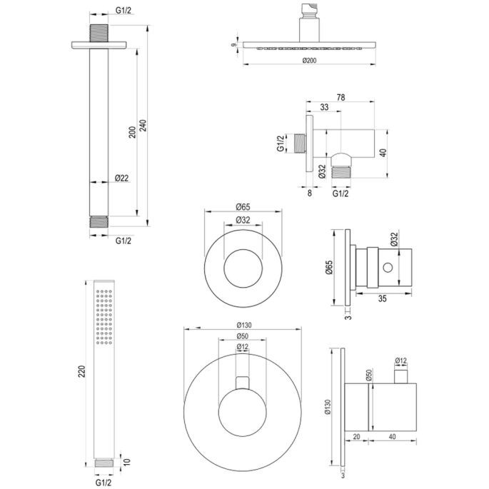 Brauer Edition 5-GM-025 thermostatische inbouw regendouche SET 05 gunmetal geborsteld PVD