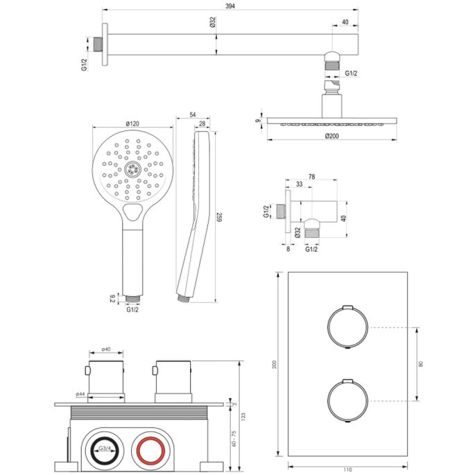 Brauer Edition 5-GM-058 thermostatische inbouw regendouche 3-weg omstelling SET 31 gunmetal geborsteld PVD