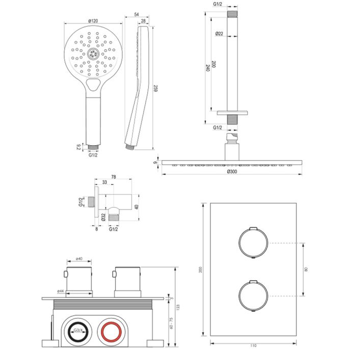 Brauer Edition 5-GM-061 thermostatische inbouw regendouche 3-weg omstelling SET 36 gunmetal geborsteld PVD