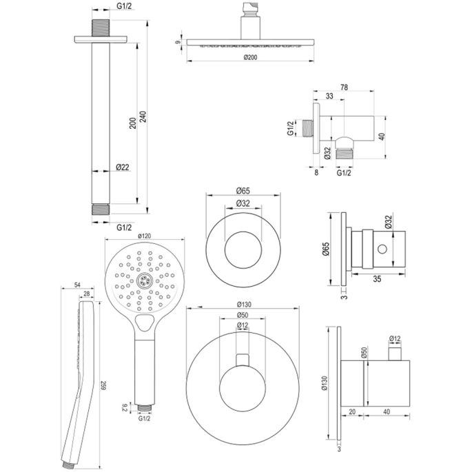 Brauer Edition 5-NG-029 thermostatische inbouw regendouche SET 11 RVS geborsteld PVD