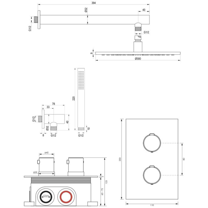 Brauer Edition 5-S-053 thermostatische inbouw regendouche 3-weg omstelling SET 26 mat zwart