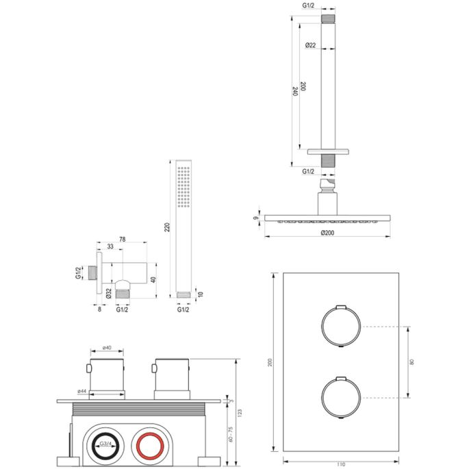 Brauer Edition 5-S-054 thermostatische inbouw regendouche 3-weg omstelling SET 29 mat zwart