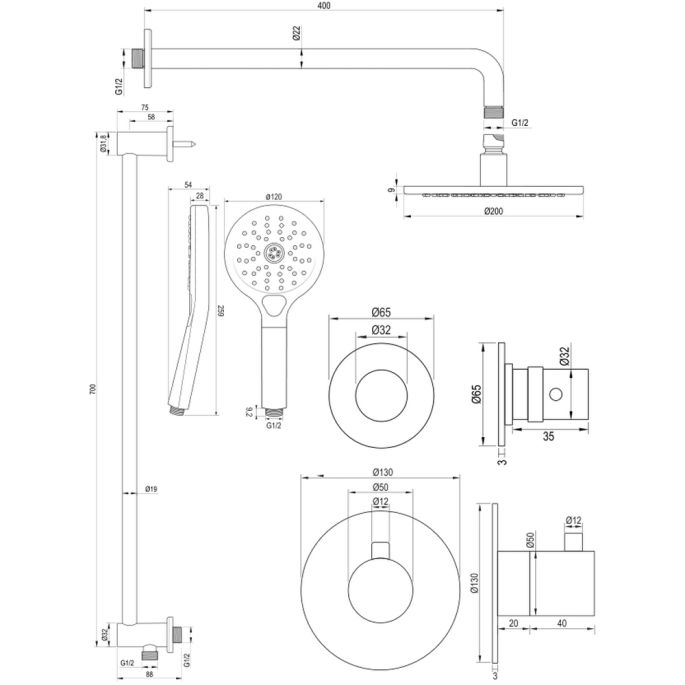 Brauer Edition 5-S-080 thermostatische inbouw regendouche SET 21 mat zwart