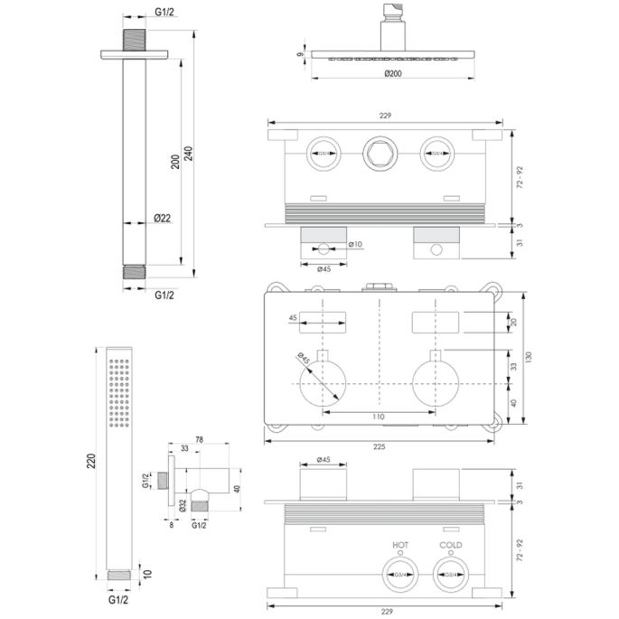 Brauer Edition 5-S-164 thermostatische inbouw regendouche met drukknoppen SET 53 mat zwart