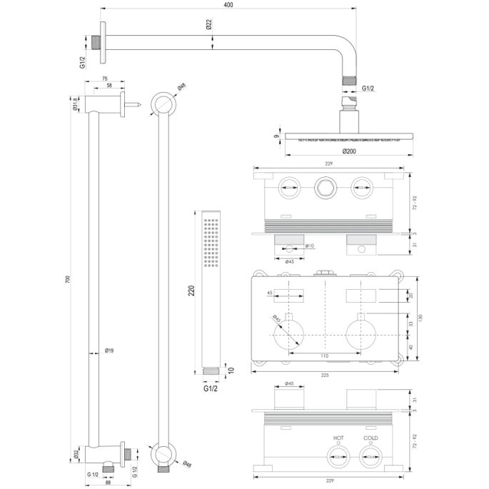 Brauer Edition 5-S-174 thermostatische Unterputz-Regenbrause mit Drucktasten SET 63 mattschwarz