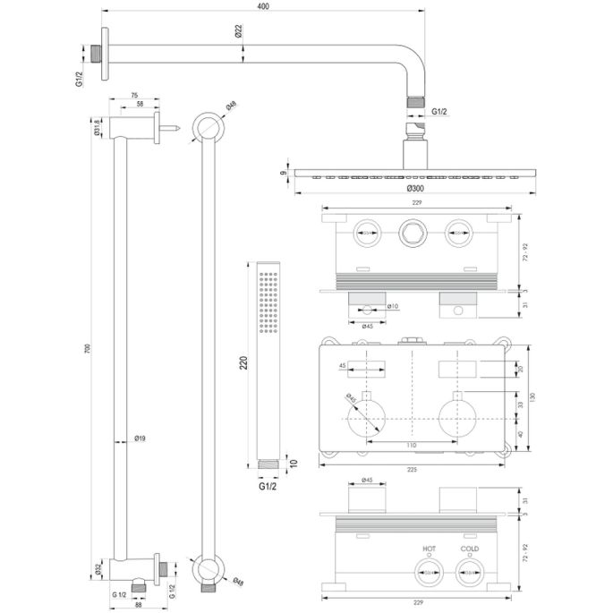 Brauer Edition 5-S-175 thermostatische Unterputz-Regenbrause mit Drucktasten SET 64 mattschwarz