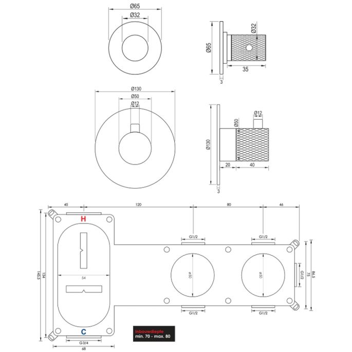 Brauer Carving 5-GM-096 thermostatische inbouw badkraan SET 02 gunmetal geborsteld PVD