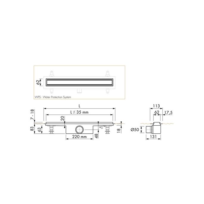 Easy Drain Compact 50 TAF Modulo Classic EDM1TAFC70050 douchegoot 70cm zijuitloop