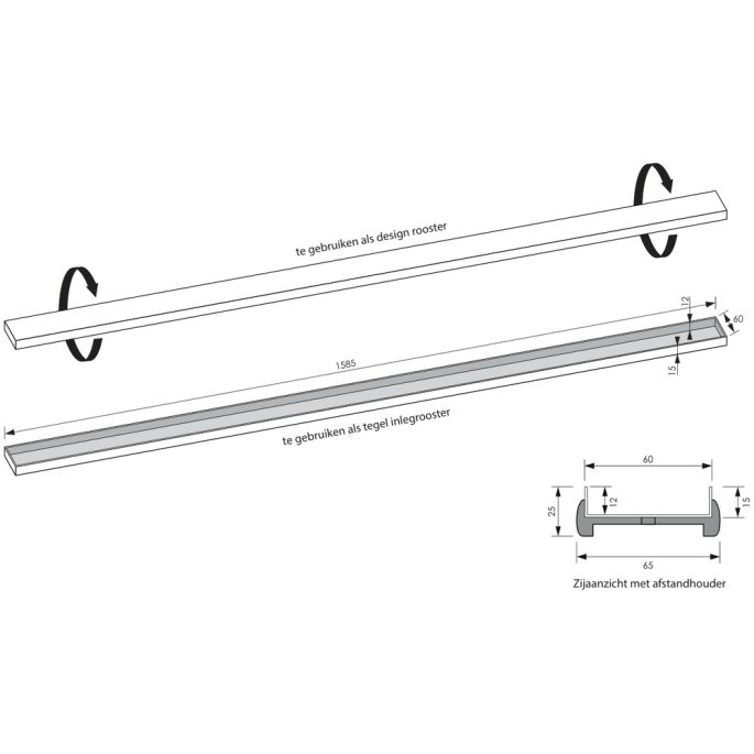 Brauer DR-MRF160NG douchegoot met multifunctioneel rooster en flens 7 x 160cm RVS geborsteld
