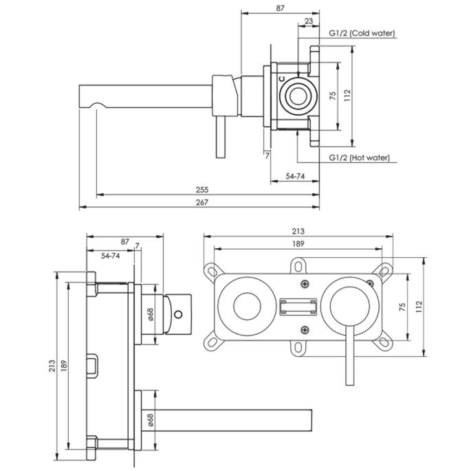 Brauer Edition 5-GG-004-S2-65 inbouw wastafelmengkraan met rechte uitloop en rozetten model A1 goud geborsteld PVD