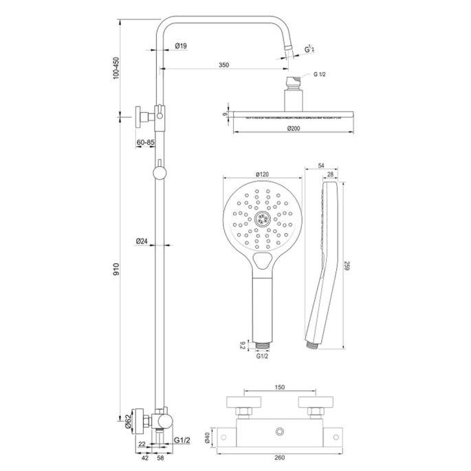 Brauer Edition 5-GM-007-2 opbouw thermostatische regendouche SET 02 gunmetal geborsteld PVD