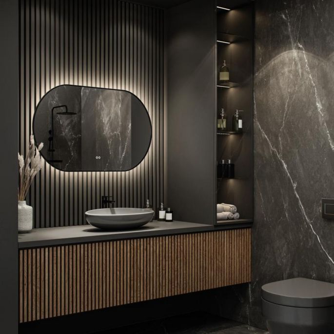 Hipp Design SPV 13730 BL KW spiegel ovaal-recht in MAT ZWART met indirecte  LED verlichting rondom 120x70x3cm