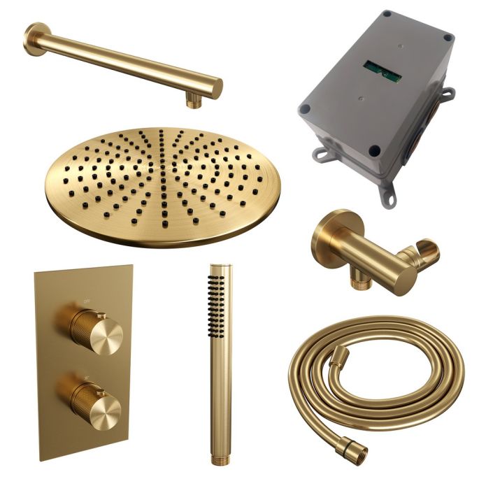 Brauer Carving 5-GG-122 thermostatische inbouw regendouche 3-weg omstelling SET 26 goud geborsteld PVD