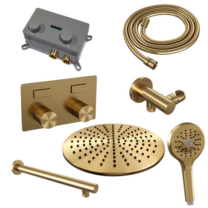 Brauer Carving 5-GG-191 thermostatische inbouw regendouche met drukknoppen SET 56 goud geborsteld PVD