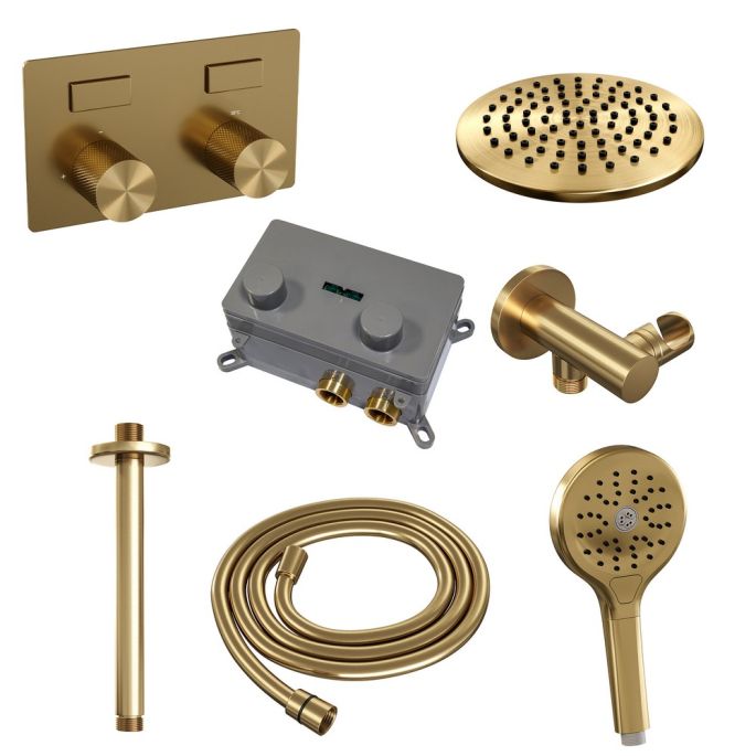 Brauer Carving 5-GG-194 thermostatische inbouw regendouche met drukknoppen SET 59 goud geborsteld PVD