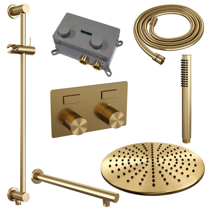 Brauer Carving 5-GG-197 thermostatische inbouw regendouche met drukknoppen SET 62 goud geborsteld PVD