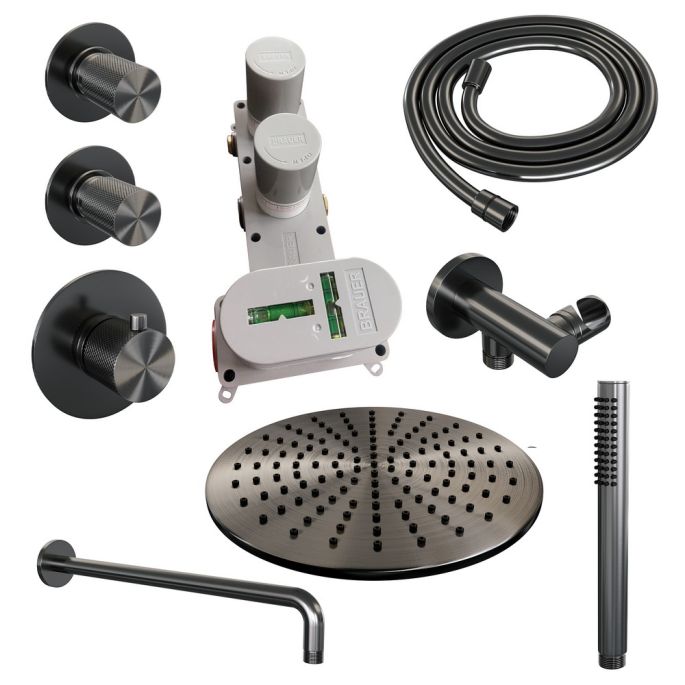 Brauer Carving 5-GM-100 thermostatische inbouw regendouche SET 04 gunmetal geborsteld PVD