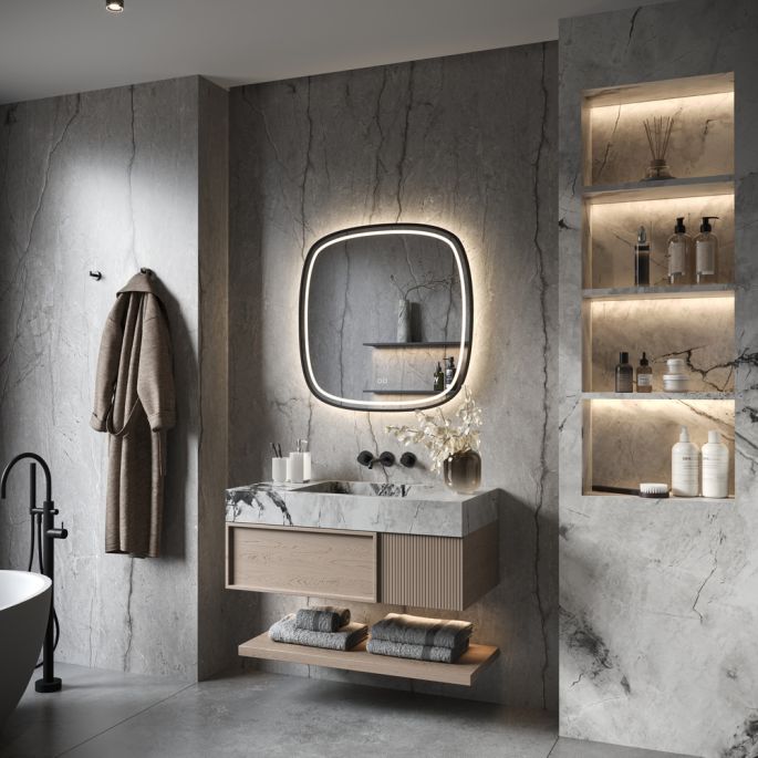 Phantom Mirrors Serie 008 008.100.100 Deens ovale LED spiegel op zwart frame, 100 cm met directe en indirecte led rondom