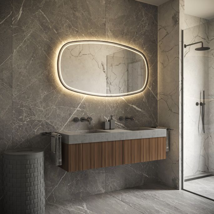 Phantom Mirrors Serie 009 009.120.70 Deens ovale LED spiegel op zwart frame, 120x70 cm met directe en indirecte led rondom