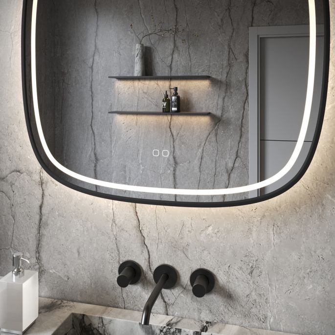 Phantom Mirrors Serie 008 008.80.80 Deens ovale LED spiegel op zwart frame, 80 cm met directe en indirecte led rondom