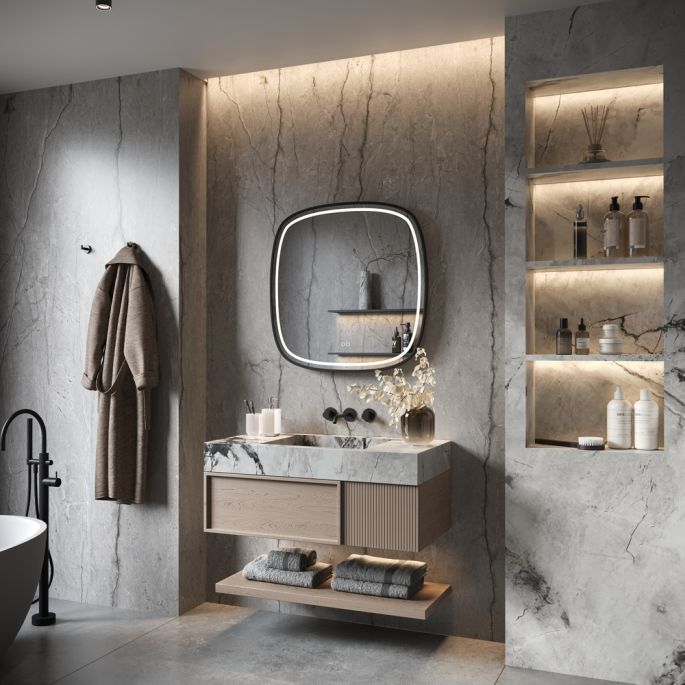 Phantom Mirrors Serie 008 008.80.80 Deens ovale LED spiegel op zwart frame, 80 cm met directe en indirecte led rondom