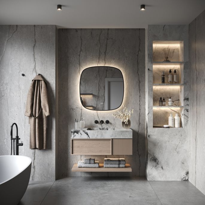 Phantom Mirrors Serie 008 008.80.80 Deens ovale LED spiegel op zwart frame, 80 cm met directe en indirecte led rondom