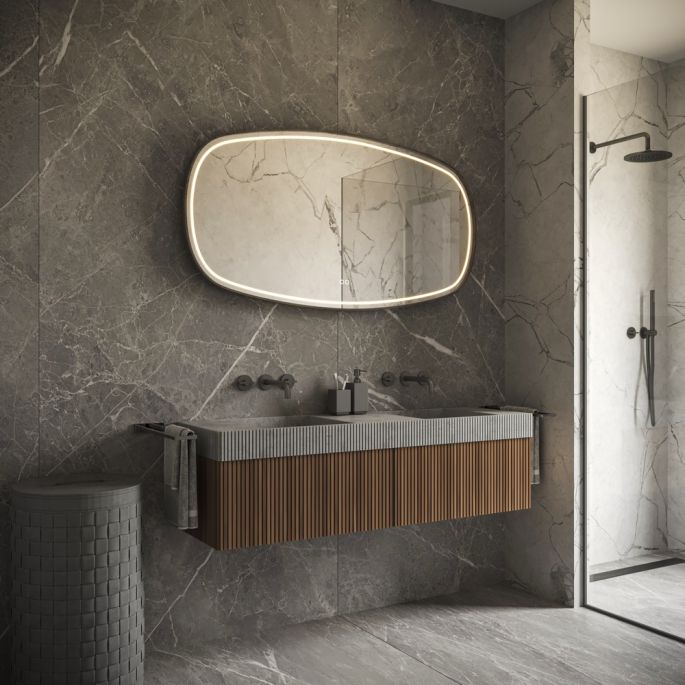 Phantom Mirrors Serie 009 009.120.70 Deens ovale LED spiegel op zwart frame, 120x70 cm met directe en indirecte led rondom