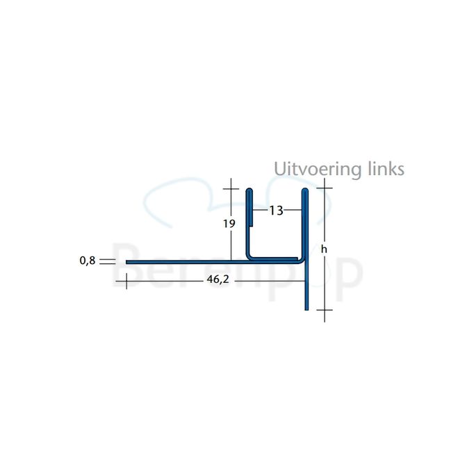 Blanke Aqua Keil Glas 193280B148L glas afsluitprofiel 1480x42mm links RVS geborsteld