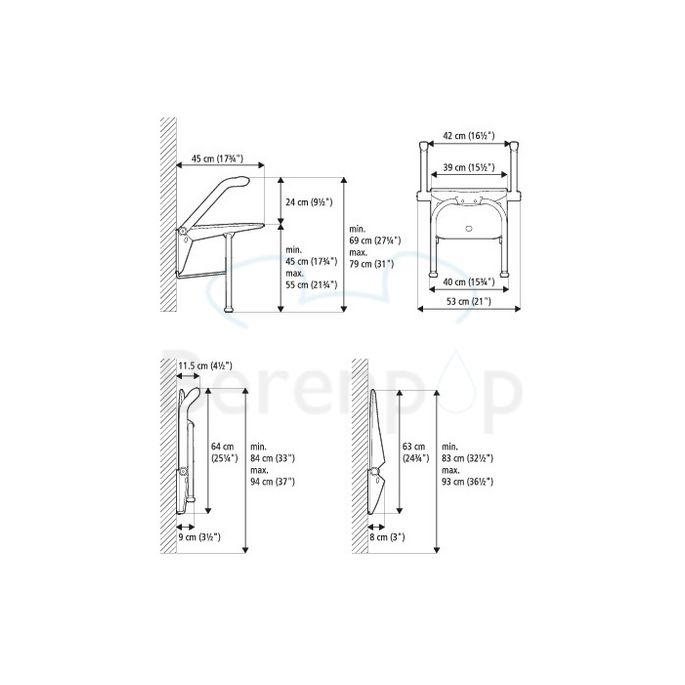 Etac Relax 81703050 douchezitting met armsteunen, steunpoten en rugleuning wit