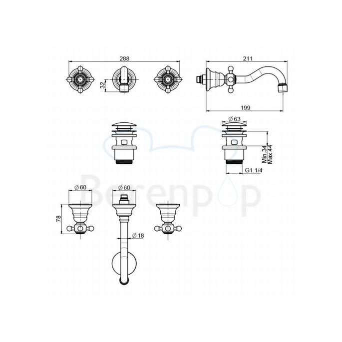 Fima Carlo Frattini Elizabeth F5081L5OR 3-gats wandwastafelkraan 2-greeps uitloop 20cm goud