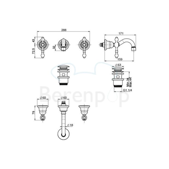 Fima Carlo Frattini Epoque F50515OR 3-gats wandwastafelkraan 2-greeps uitloop 16cm goud