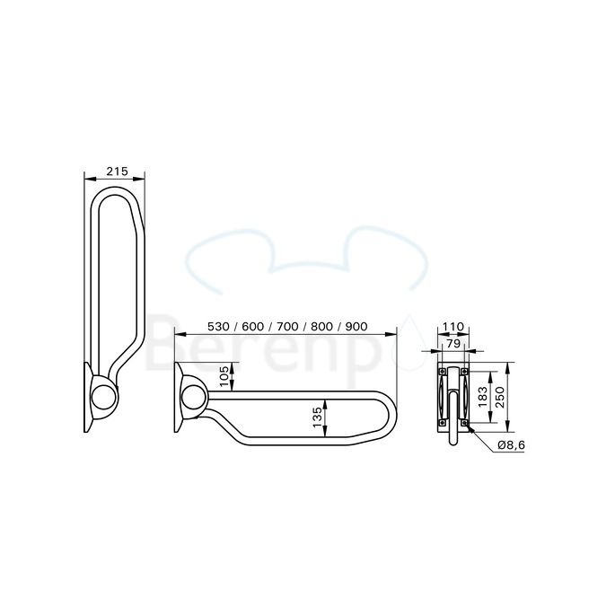 Handicare (Linido) LI2603350111 opklapbare toiletbeugel 530 mm staal gecoat antraciet