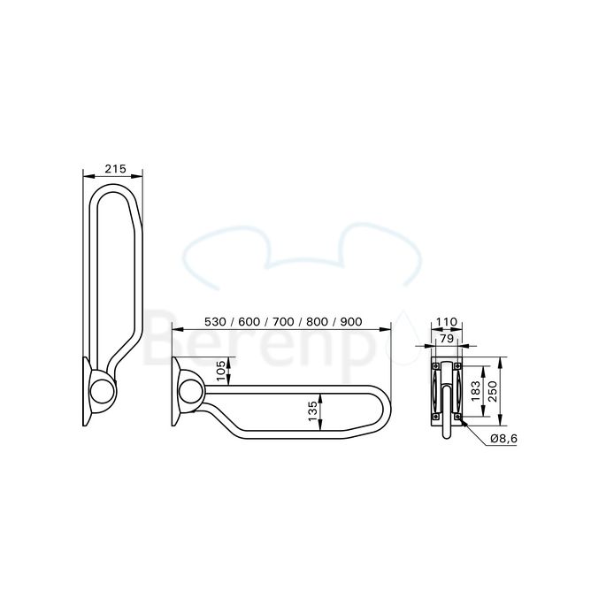 Handicare (Linido) LI2603390402 opklapbare toiletbeugel 900 mm RVS gecoat wit