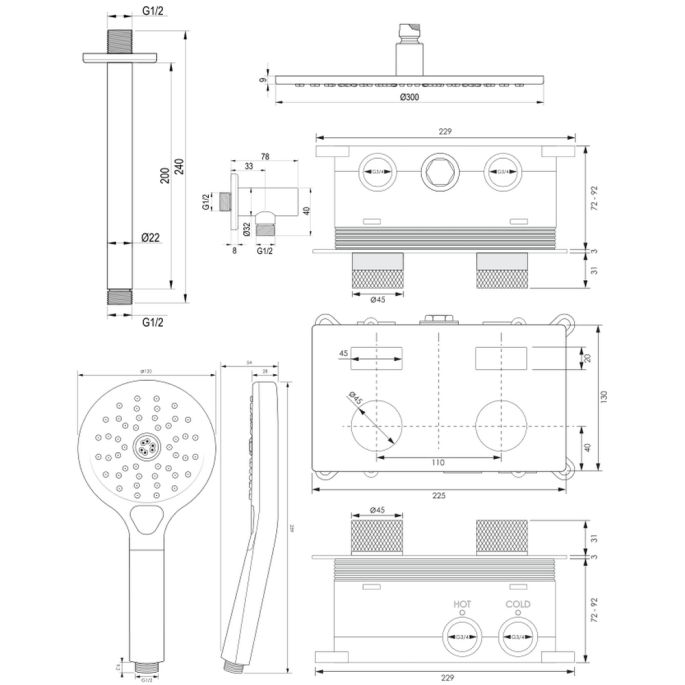 Brauer Carving 5-GG-195 thermostatische inbouw regendouche met drukknoppen SET 60 goud geborsteld PVD